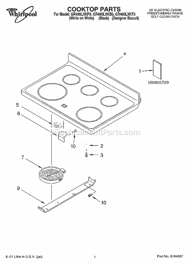 Whirlpool GR460LXKB0 Freestanding Electric Range Cooktop, Literature Diagram