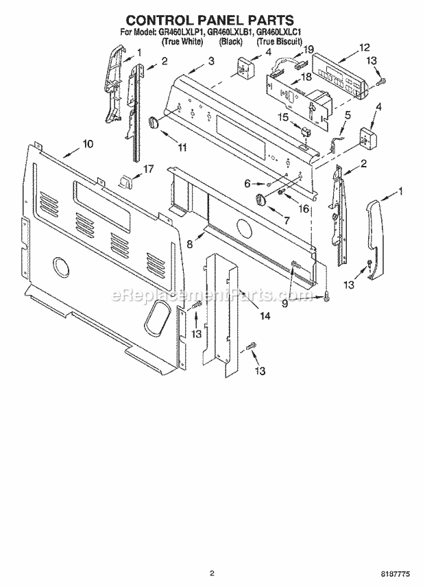 Whirlpool GR460LXLB1 Freestanding Electric Range Control Panel Parts Diagram