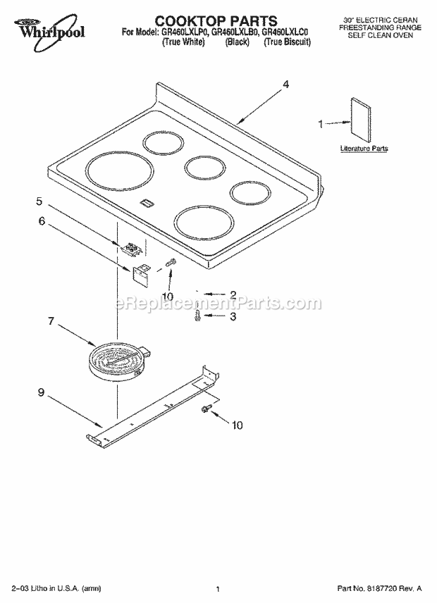 Whirlpool GR460LXLC0 Freestanding Electric Range Cooktop Parts Diagram