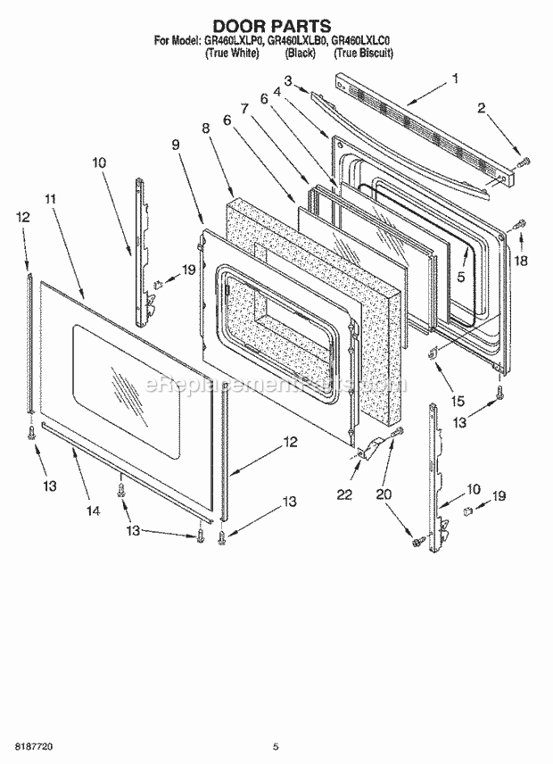 Whirlpool GR460LXLC0 Freestanding Electric Range Door Parts Diagram