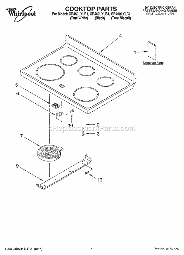 Whirlpool GR460LXLP1 Freestanding Electric Range Cooktop Parts Diagram