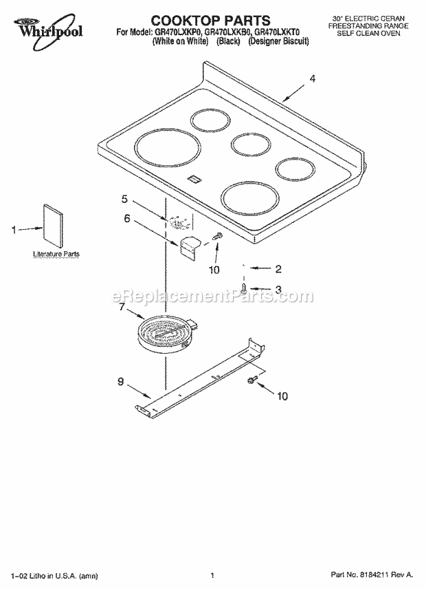 Whirlpool GR470LXKP0 Freestanding Electric Range Cooktop, Literature Diagram