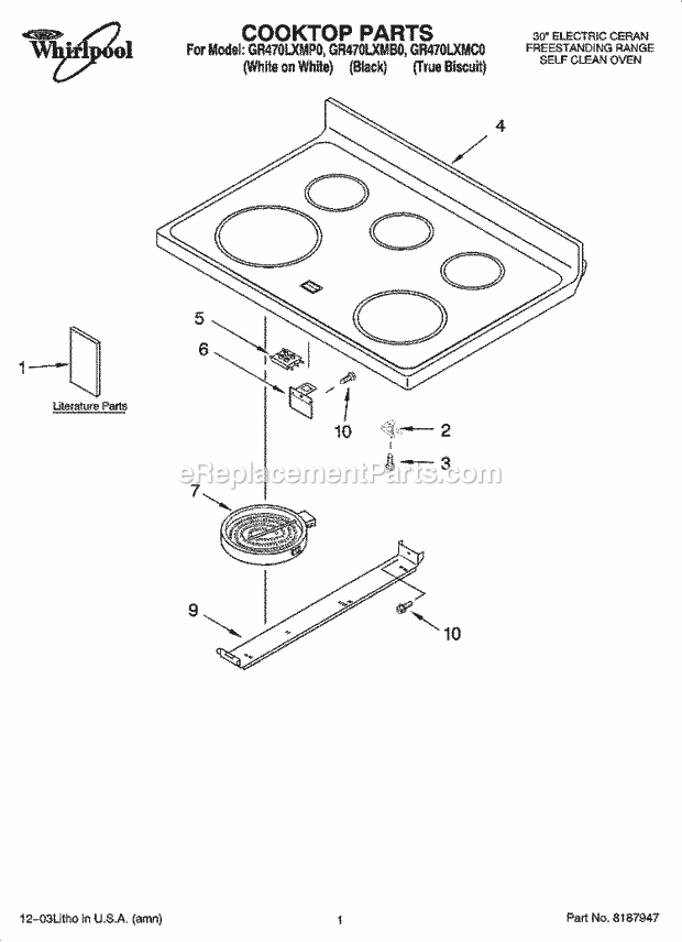Whirlpool GR470LXMB0 Freestanding Electric Cooktop Parts Diagram
