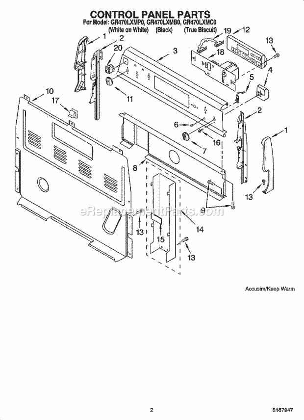 Whirlpool GR470LXMC0 Freestanding Electric Control Panel Parts Diagram