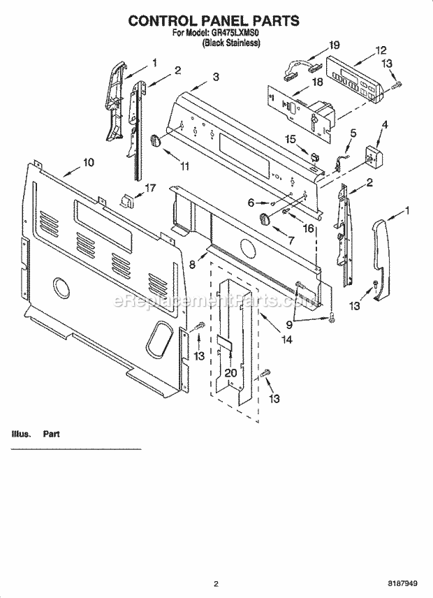 Whirlpool GR475LXMS0 Freestanding Electric Control Panel Parts Diagram