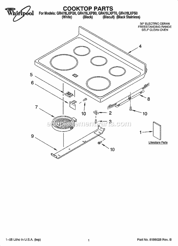 Whirlpool GR478LXPS0 Freestanding Electric Range Cooktop Parts Diagram