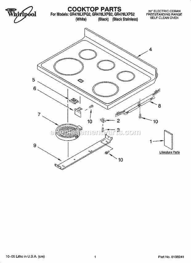 Whirlpool GR478LXPS2 Freestanding Electric Cooktop Parts Diagram