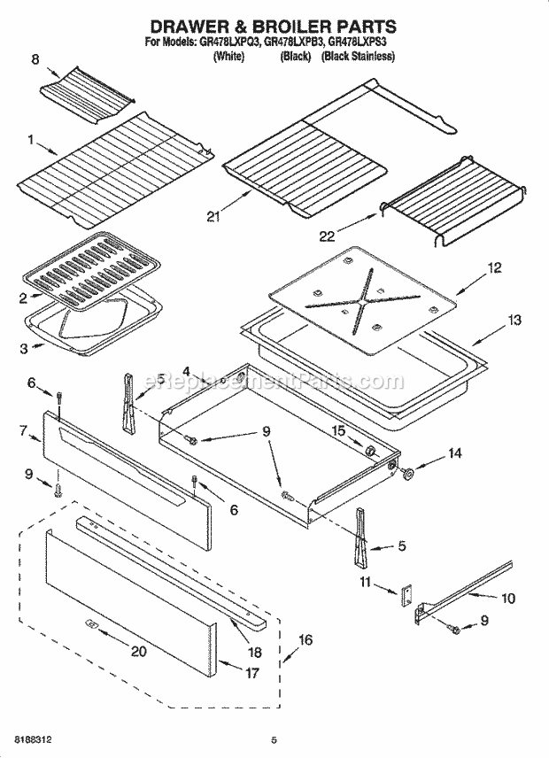 Whirlpool GR478LXPS3 Freestanding Electric Drawer & Broiler Parts Diagram