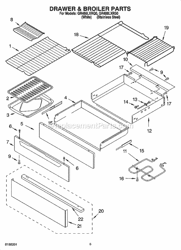 Whirlpool GR488LXRS0 Freestanding Electric Drawer & Broiler Parts Diagram