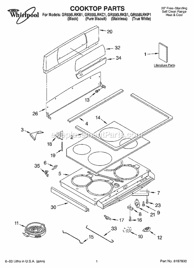 Whirlpool GR556LRKP1 Refrigeration/Range Cooktop Parts Diagram