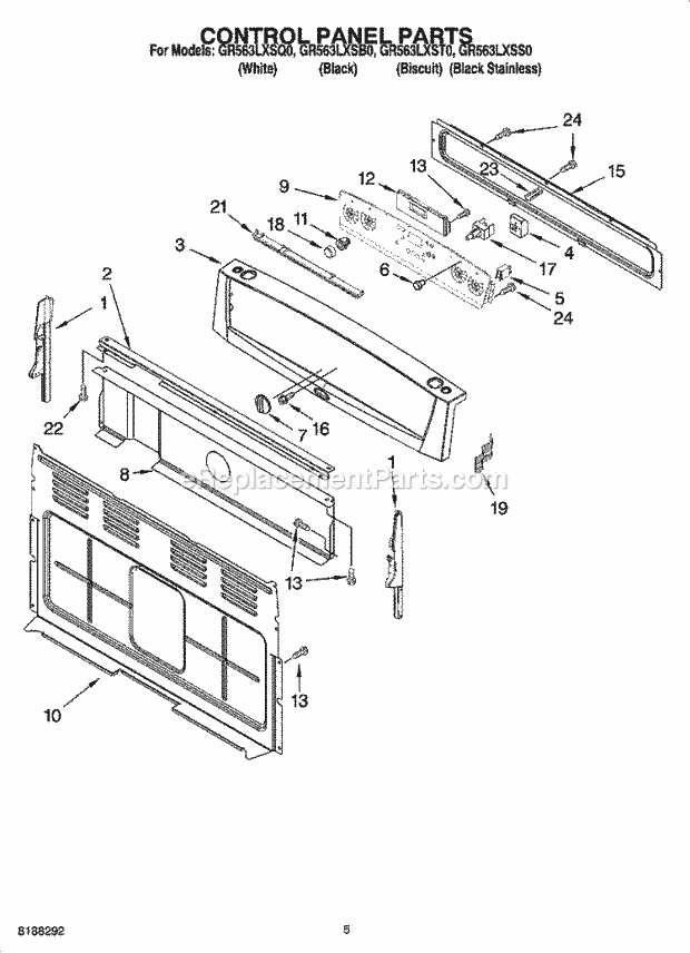 Whirlpool GR563LXSB0 Freestanding Electric Control Panel Parts Diagram