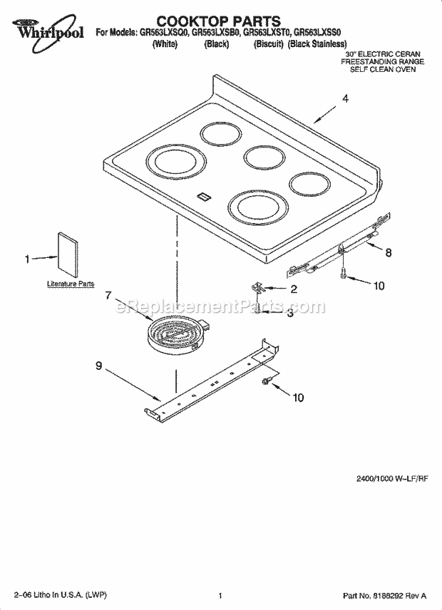 Whirlpool GR563LXSB0 Freestanding Electric Cooktop Parts Diagram