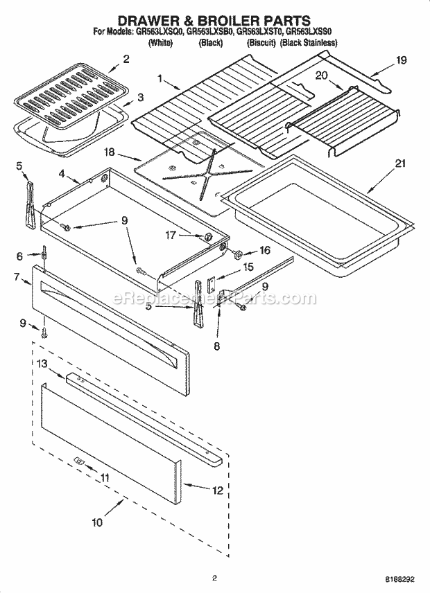 Whirlpool GR563LXSB0 Freestanding Electric Drawer & Broiler Parts Diagram