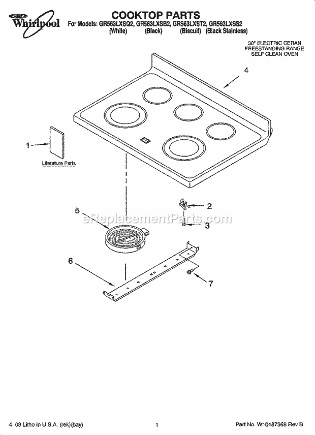 Whirlpool GR563LXSS2 Freestanding Electric Cooktop Parts Diagram