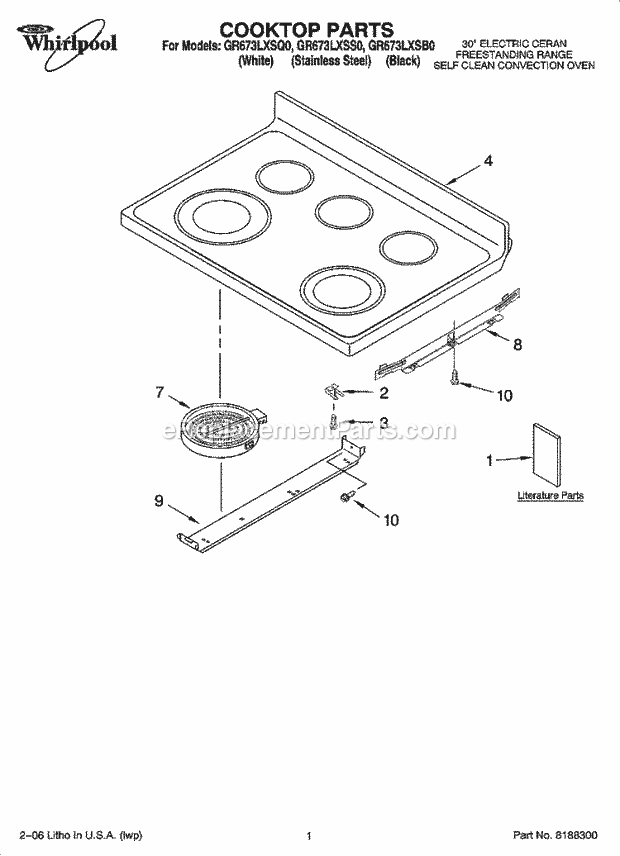 Whirlpool GR673LXSB0 Freestanding Electric Range Cooktop Parts Diagram