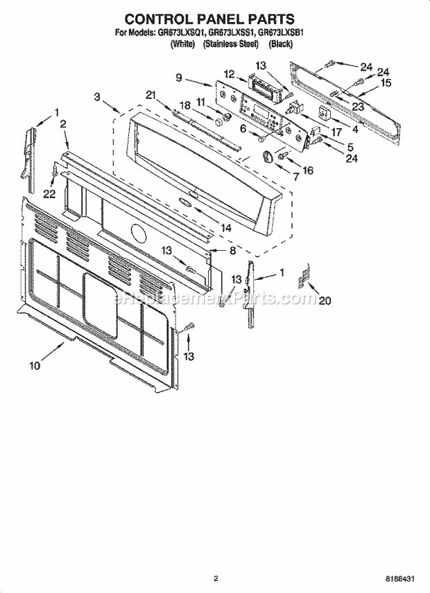 Whirlpool GR673LXSB1 Freestanding Electric Range Control Panel Parts Diagram