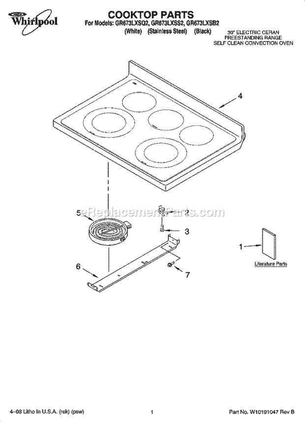 Whirlpool GR673LXSB2 Freestanding Electric Cooktop Parts Diagram