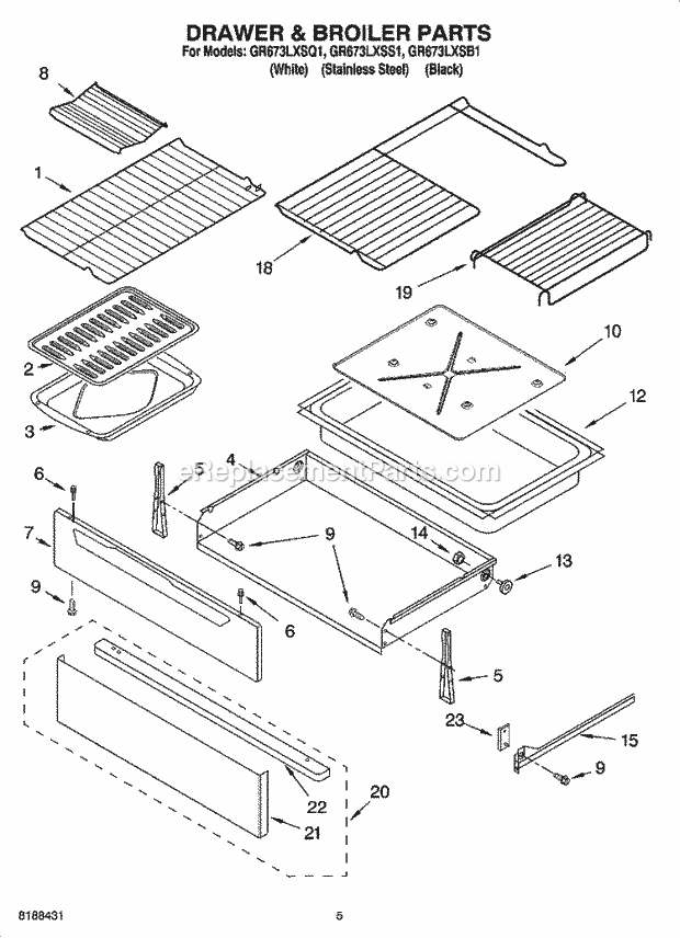 Whirlpool GR673LXSQ1 Freestanding Electric Range Drawer & Broiler Parts Diagram