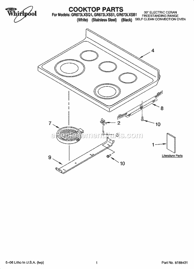 Whirlpool GR673LXSS1 Freestanding Electric Range Cooktop Parts Diagram