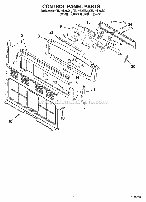 Whirlpool GR773LXSB0 Freestanding Electric Range Control Panel Parts Diagram