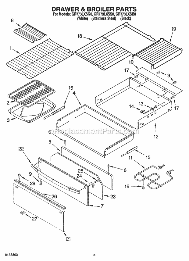 Whirlpool GR773LXSB0 Freestanding Electric Range Drawer & Broiler Parts Diagram