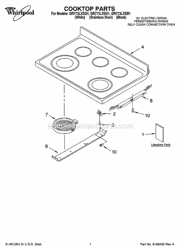 Whirlpool GR773LXSQ1 Freestanding Electric Range Cooktop Parts Diagram