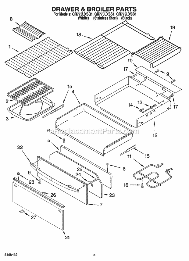 Whirlpool GR773LXSQ1 Freestanding Electric Range Drawer & Broiler Parts Diagram