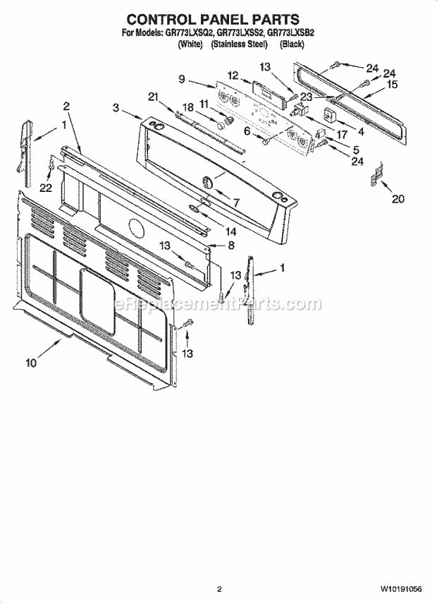 Whirlpool GR773LXSQ2 Freestanding Electric Control Panel Parts Diagram