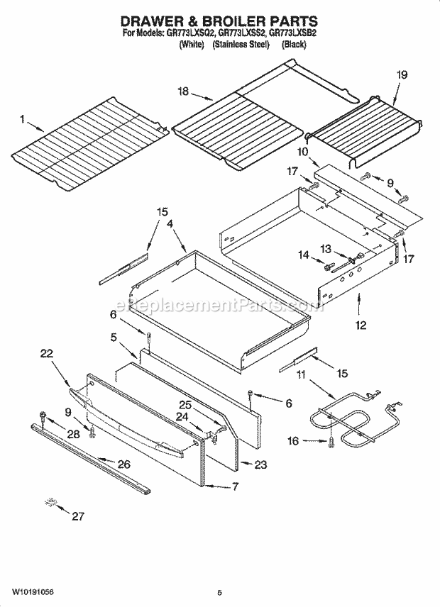 Whirlpool GR773LXSQ2 Freestanding Electric Drawer & Broiler Parts Diagram