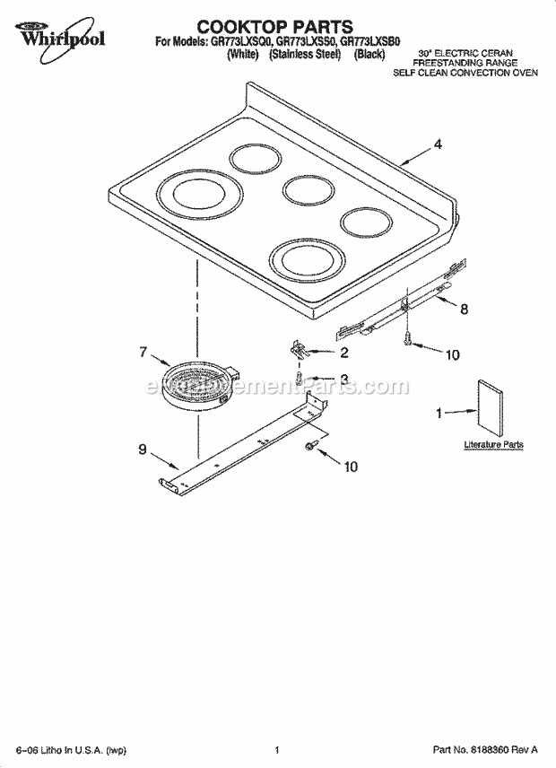 Whirlpool GR773LXSS0 Freestanding Electric Range Cooktop Parts Diagram