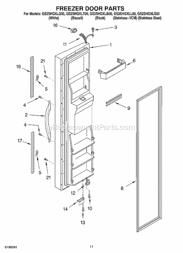 Whirlpool GS2SHGXLS00 Side-By-Side Refrigerator Freezer Door Diagram