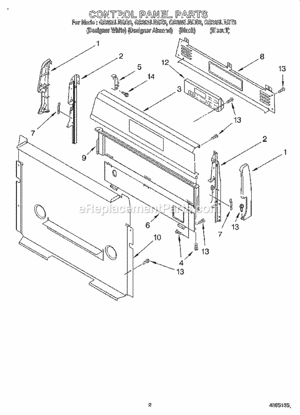 Whirlpool GS395LEGB3 Freestanding Gas Range Control Panel Diagram