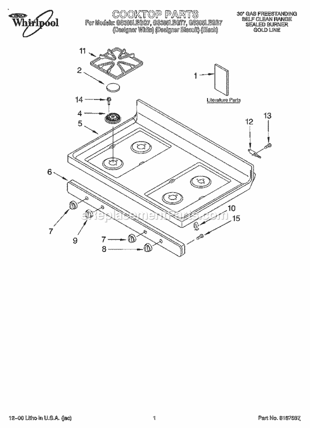 Whirlpool GS395LEGB7 Freestanding Gas Range Cooktop, Lit Diagram