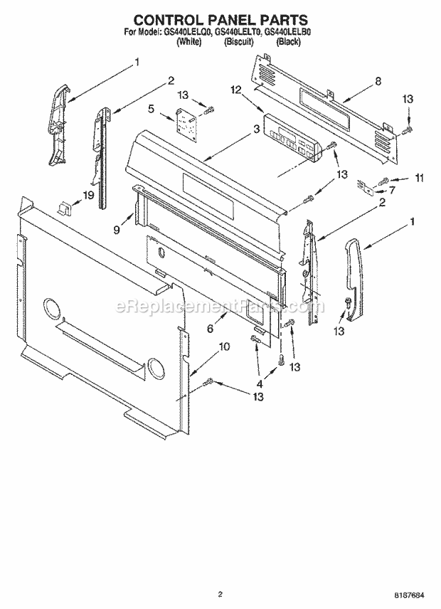 Whirlpool GS440LELB0 Freestanding Gas Range Control Panel Parts Diagram