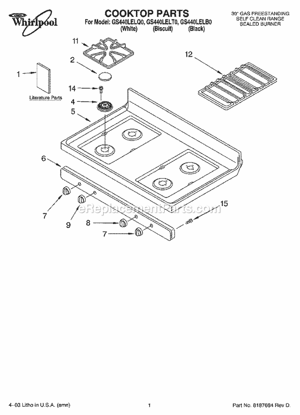 Whirlpool GS440LELB0 Freestanding Gas Range Cooktop Parts Diagram