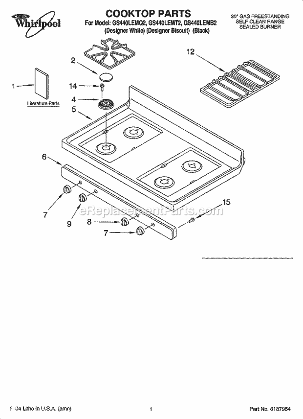 Whirlpool GS440LEMB2 Freestanding Gas Range Cooktop Parts Diagram