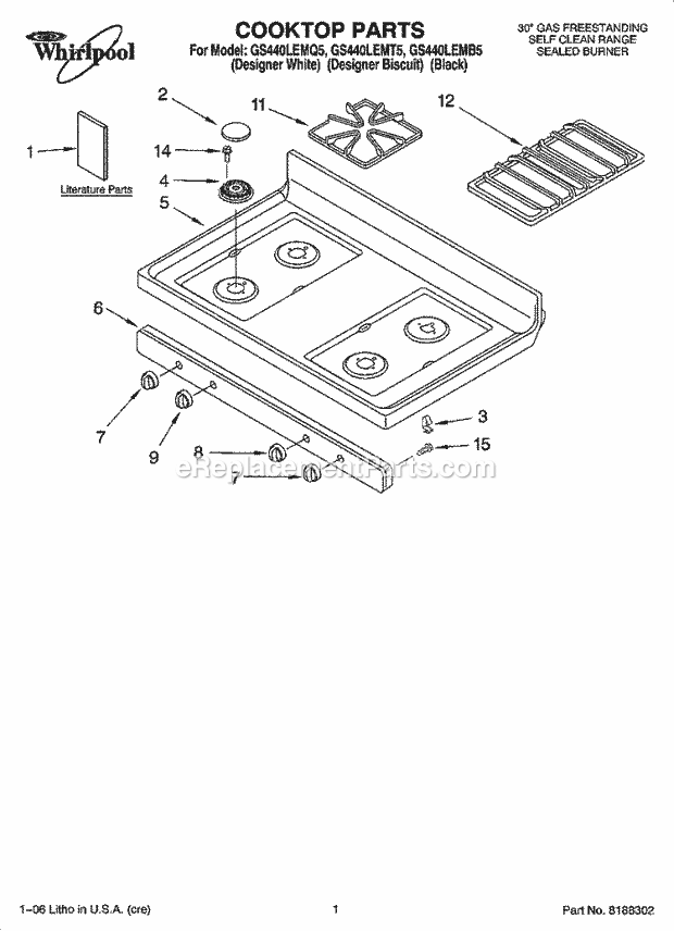 Whirlpool GS440LEMB5 Freestanding Gas Range Cooktop Parts Diagram