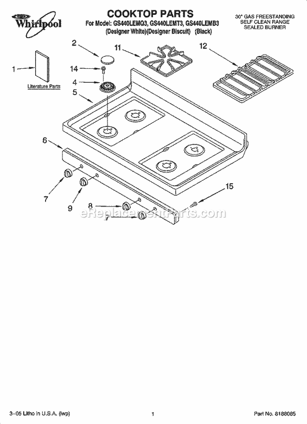 Whirlpool GS440LEMQ3 Freestanding Gas Range Cooktop Parts Diagram