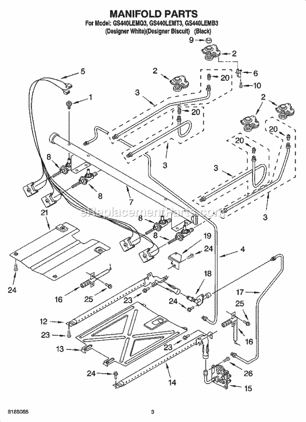 Whirlpool GS440LEMT3 Freestanding Gas Range Manifold Parts Diagram