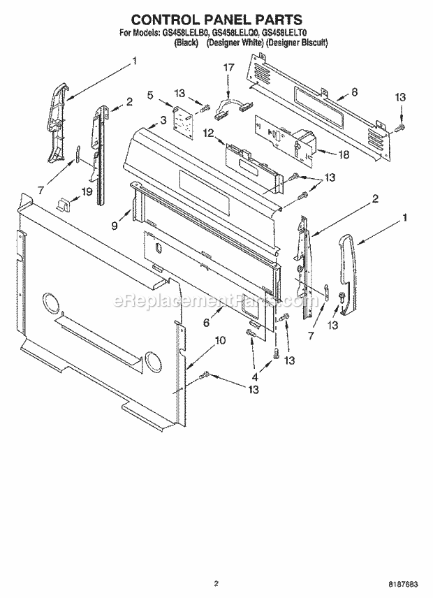 Whirlpool GS458LELT0 Freestanding Gas Range Control Panel Parts Diagram