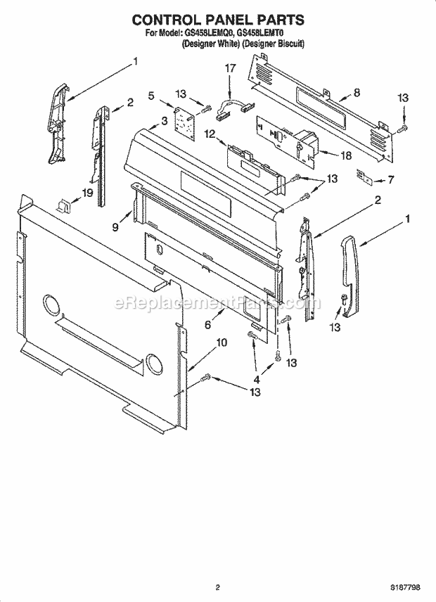 Whirlpool GS458LEMT0 Freestanding Gas Range Control Panel Parts Diagram