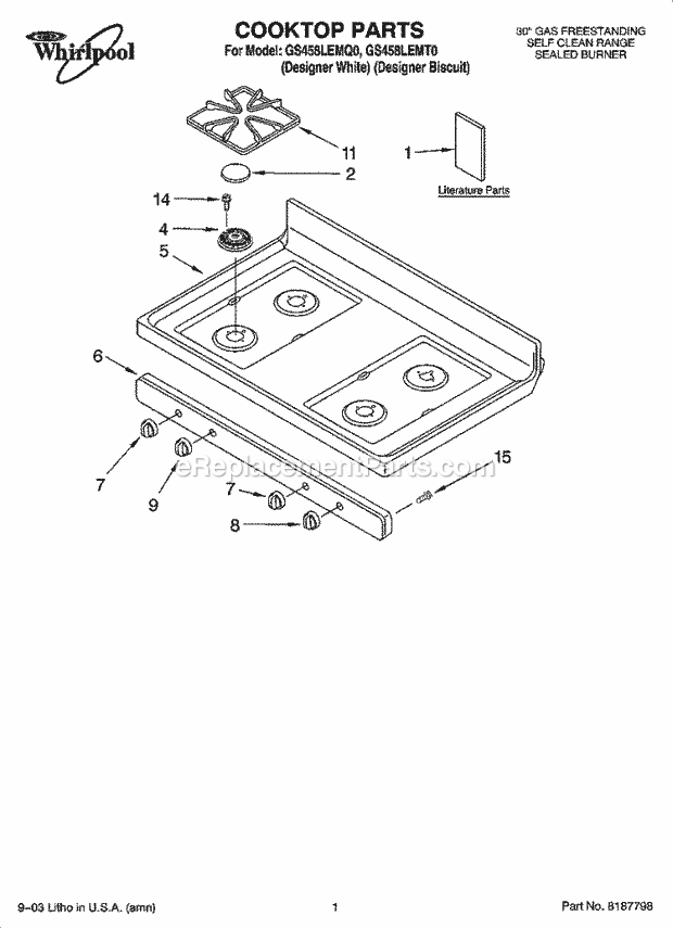 Whirlpool GS458LEMT0 Freestanding Gas Range Cooktop Parts Diagram