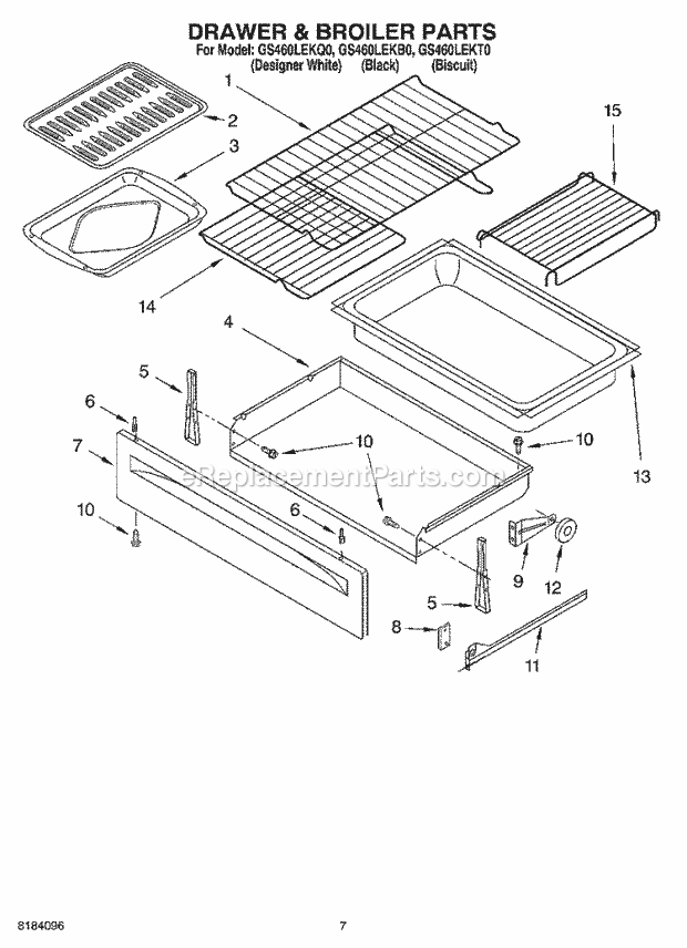 Whirlpool GS460LEKQ0 Freestanding Gas Range Drawer & Broiler Diagram