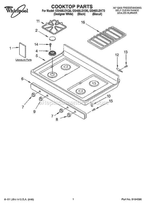 Whirlpool GS460LEKT0 Freestanding Gas Range Cooktop, Literature Diagram