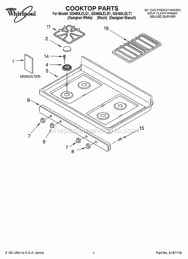 Whirlpool GS460LELB1 Freestanding Gas Range Cooktop Parts Diagram