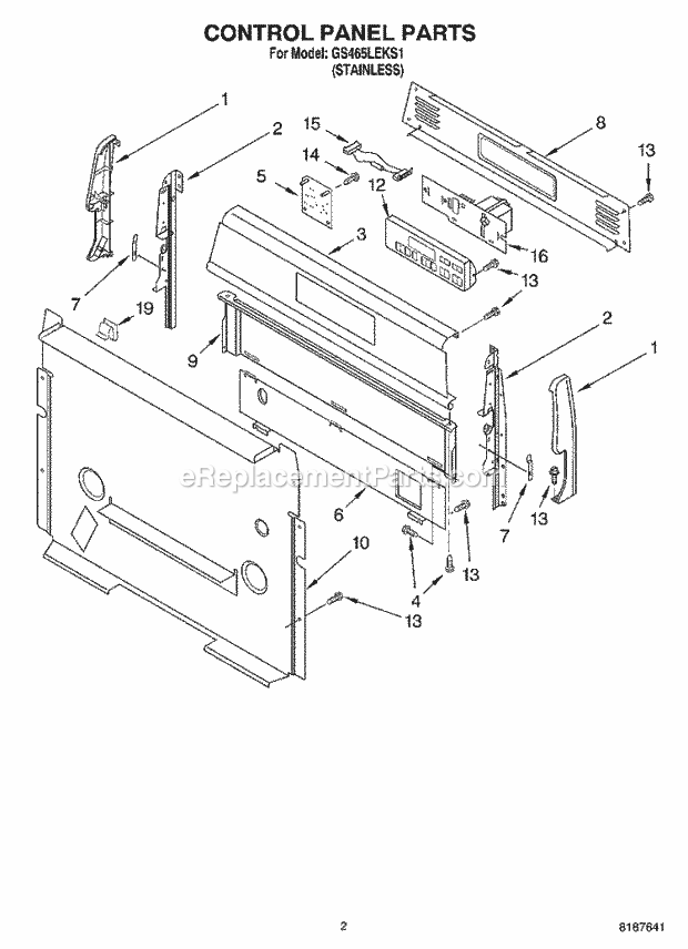 Whirlpool GS465LEKS1 Freestanding Gas Range Control Panel Diagram