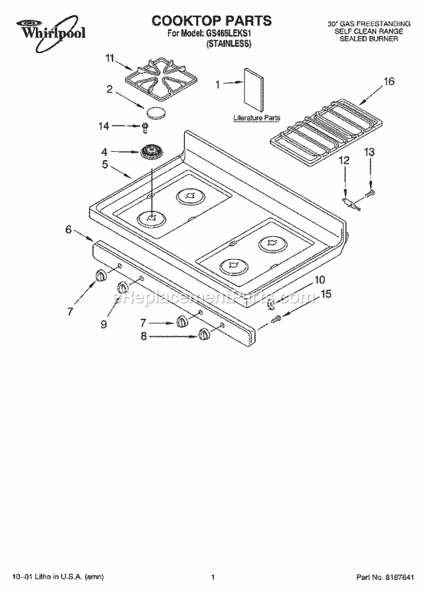 Whirlpool GS465LEKS1 Freestanding Gas Range Cooktop, Literature Diagram