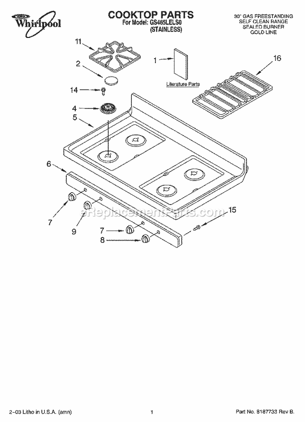 Whirlpool GS465LELS0 Freestanding Gas Range Cooktop Parts Diagram