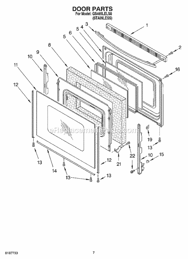 Whirlpool GS465LELS0 Freestanding Gas Range Door Parts Diagram