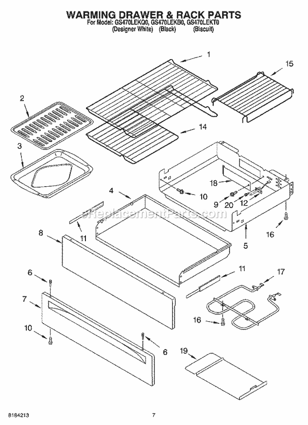 Whirlpool GS470LEKB0 Freestanding Gas Range Warming Drawer & Rack Parts Diagram